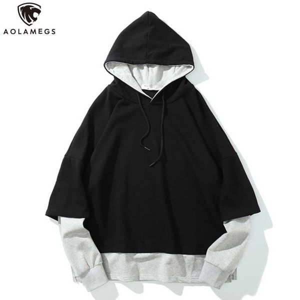 

aolamegs hoodies men fake 2 pieces men casual hooded solid color harajuku advanced high street simple sweatshirt oversize autumn, Black