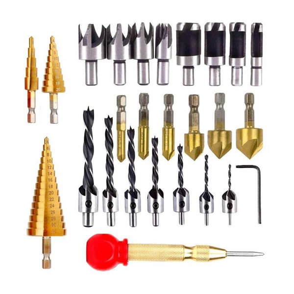 

26pcs woodworking chamfer drilling tools including 6 countersink drill bits, 7 three pointed countersink drill bit with l-wrench