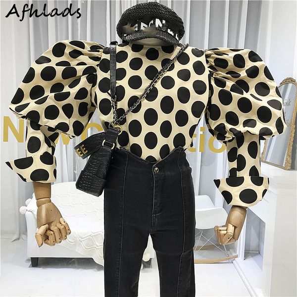 

vintage polka dot women's shirt round neck puff long sleeve casual blouse female 2020 spring fashion new women clothes, White