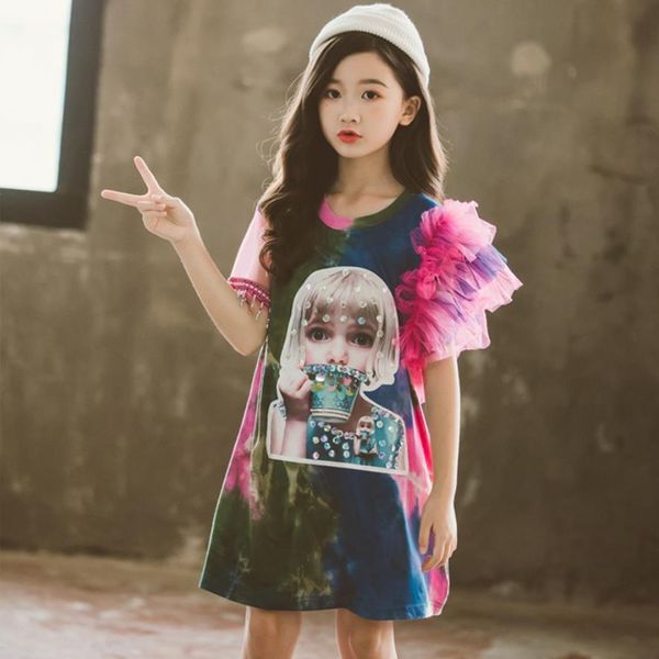 

fashion summer new cartoon pattern print dress baby girls short sleeve ruffles beading dress children teens school clothes ws683, Red;yellow