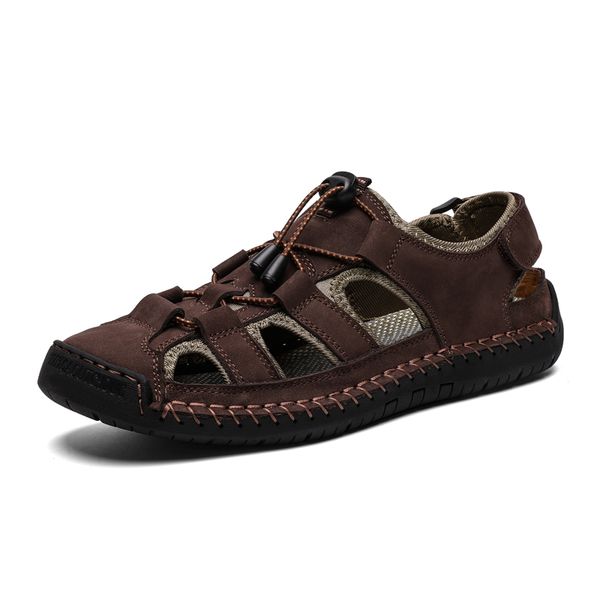 

new men cow genuine leather sandals outdoor summer handmade men shoes men's breathable casual shoes water walking beach sandals, Black