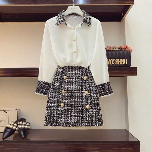 

elegant women 2 piece set women tweed tassels chiffon shirt + double-breasted woolen pencil mini skirt suit, White
