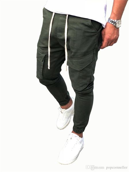 

mens способа конструктора pants big карманы hip hop закрытые ноги горячие стиль drawstring брюки мужская мода повседневная одежда, Black