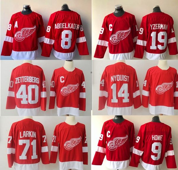 

detroit red 9 gordie howe 13 pavel datsyuk jerseys 19 steve yzerman 40 henrik zetterberg 71 dylan larkin red embroidery, Black;red
