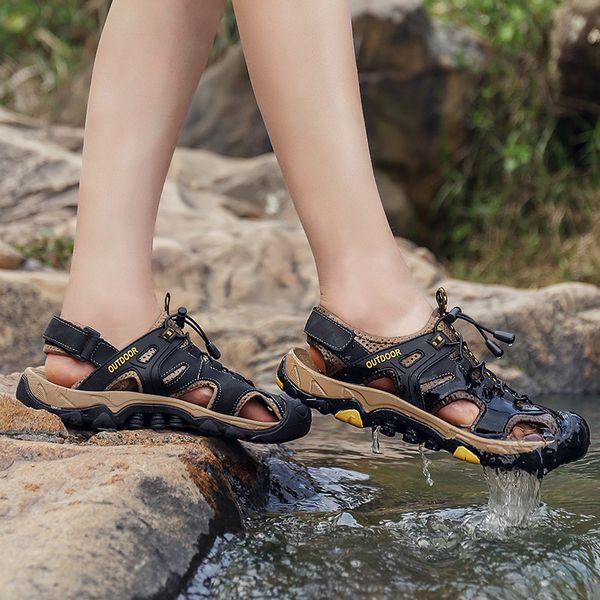 

outdoor sandalia masculina summer men's sandals leather men beach roman sandals shoes flip flops slippers sneakers hiking shoes, Black