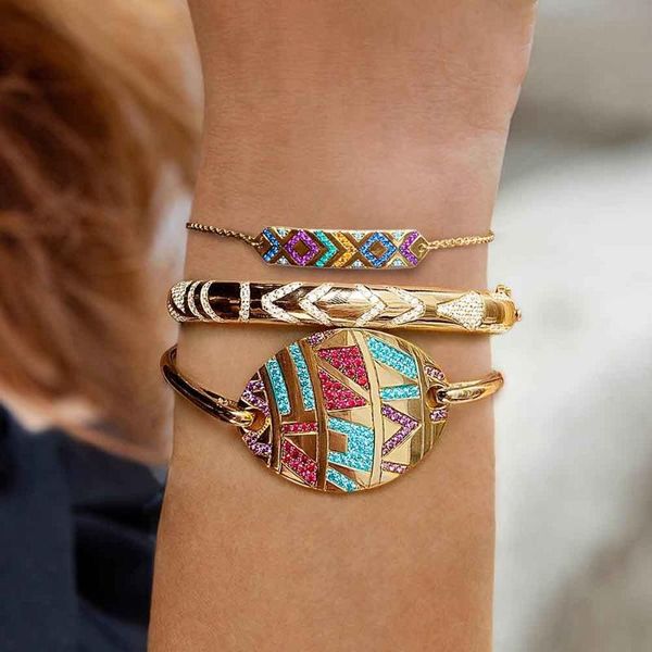 

rainbow vintage cz tribal bracelet women zirconia oval charm bracelets adjustable gold filled jewelery boho multicolor braclets, Golden;silver