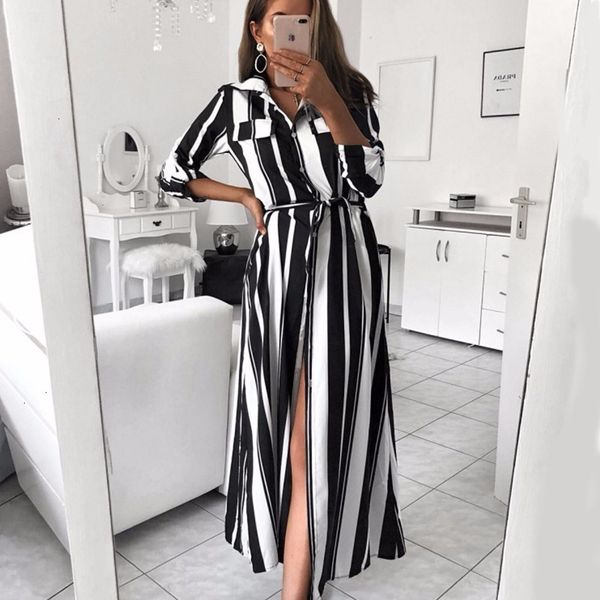 

maxi dresses womens clothes beforw 2019 office lady collar button lace up long shirt dress women autumn spring long sleeve stripe, Black;gray