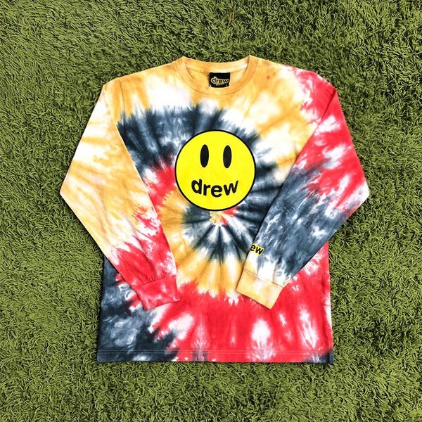 

the drew house drew smile face printed tie-dye long sleeve t shirts tees hiphop streetwear oversized t shirt