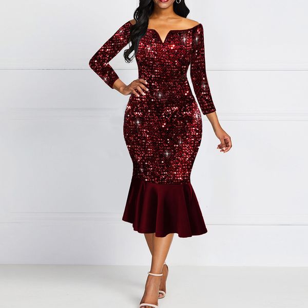 

shiny evening off shoulder dress women bodycon mermaid ruffles burgundy plus size elegant glitter sequin midi party dress ladies, Black;gray