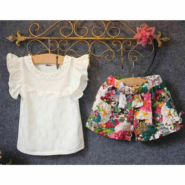 

2pcs set new fashion kids toddler baby girl party outfit clothes bow short sleeve shirt+shorts pants 2-7years, White