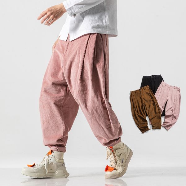 

men new corduroy loose harem pants male streetwear hip hop vintage fashion chinese trouser jogger sweatpants, Black