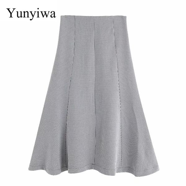 

skirts 2021 women vintage houndstooth plaid print a line skirt faldas mujer ladies side zipper chic casual slim brand midi, Black
