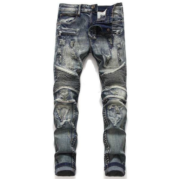 

mcikkny men ripped biker jeans pants straight patchwork motorcycle denim trousers male fashion designer size 29-38, Blue