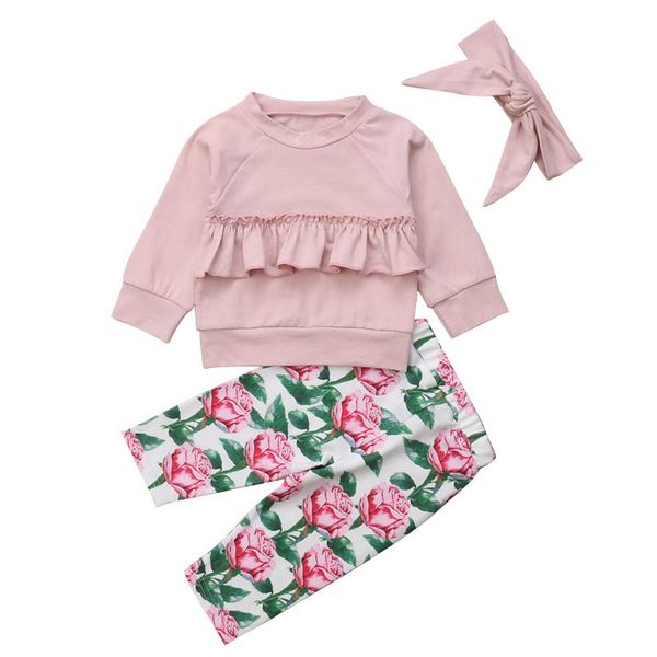 

3pcs/set children set cute sweet concsie all-match flower printed pants long sleeve t-shirts girl's set newest, White