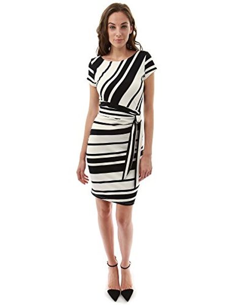 

pattyboutik women's striped crewneck cap sleeve dress, Black;gray
