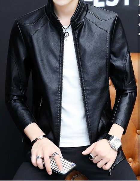 

2019 spring autumn men's clothing jackets new popular outerwear casual trend handsome leather coat, Black
