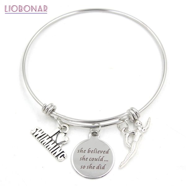 

10pcs wholesale stainless steel bracelet wire adjustable bangle fitness i love swimming charm bracelet bangle women jewelry gift, Golden;silver
