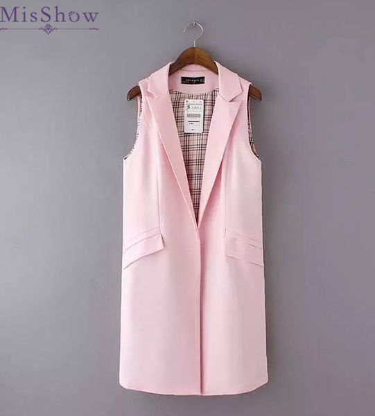 

spring new fashion long pockets turn-down collar open stitch sleeveless pantone blue pink beige black blazer vest jackets, Black;white