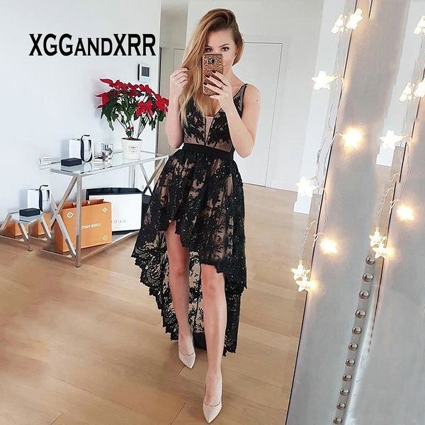 

a-line v-neck low-cut high low black lace homecoming dress with beading front short back long backless short prom dress, White;black