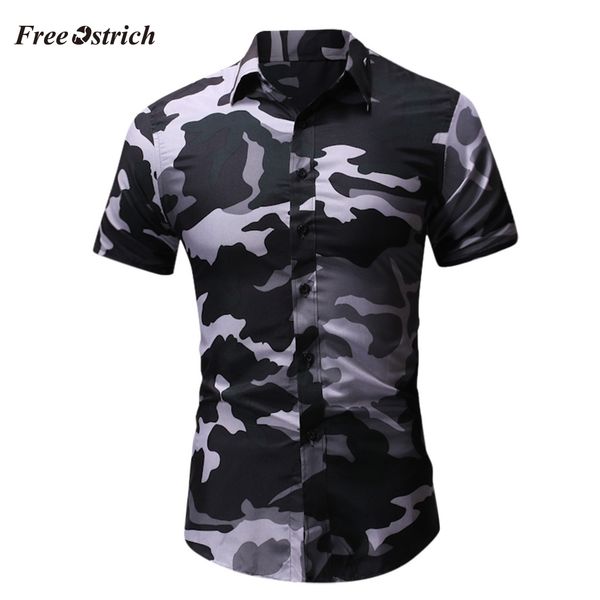 

ostrich short sleeve men shirts men's button casual shirt camouflag slim fit blouse print stripe men's trend shirt n.2, White;black