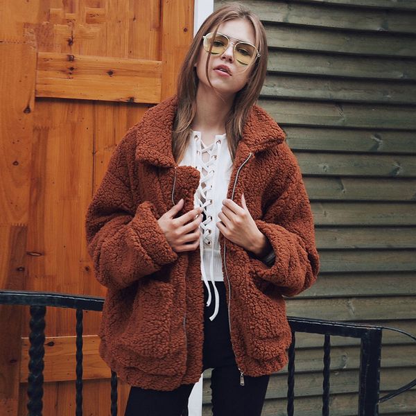 

2019 autumn plus size jacket coats women faux lamb fur oversize warm thick fleece overcoat femme zipper casual winter outerwear, Black;brown