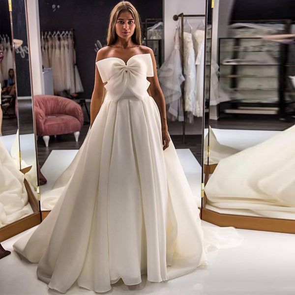 

a line strapless wedding dresses bow tie organza pleat country wedding gowns sweep train bridal gowns, White