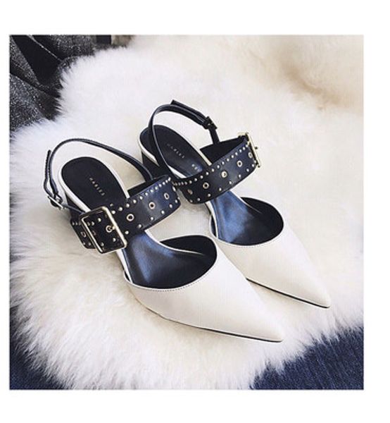 

summer new women's shoes european and american rivets pointed buckle thick square high-heeled women's cool shoes, Black