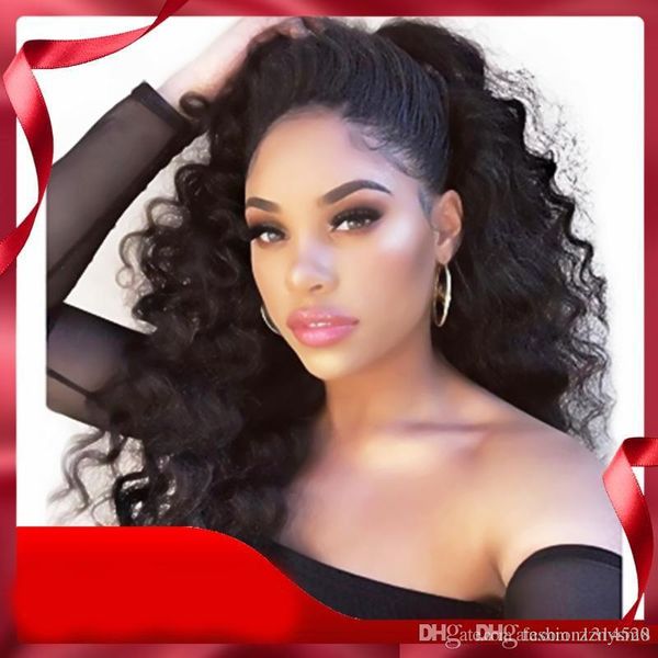 

new soft 180% density 1b# black long kinky curly glueless high temperature fiber hair synthetic lace front wigs natural hairline for women