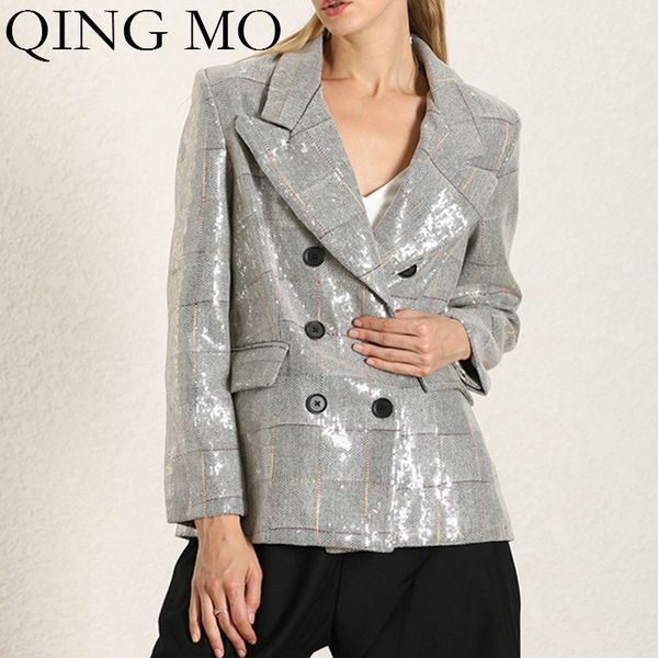 

qing mo silver women suit 2019 autumn women double breasted wide waisted coat with sequin loose suit zqy1439, Tan;black