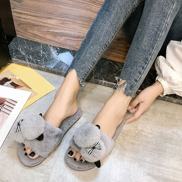 

slippers women 2020 womens fur slippers winter shoes big size home slipper plush womens indoor warm fluffy cotton shoes, Black