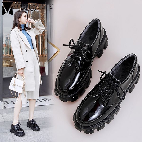 

2019 new creepers british wedges loafers ladies japanned leather winter plush brogues shoes woman student platform bullock flats, Black
