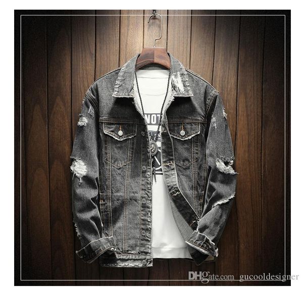 

mans designer frayed jean coat fashion spring lapel neck male jackets casual man outwear with hole, Black;brown