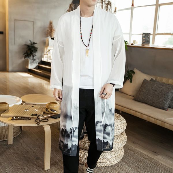 

2019 summer brand china style men cardigan thin coat trench jacket male fashion loose shawl long kimono windbreaker outwear, Tan;black