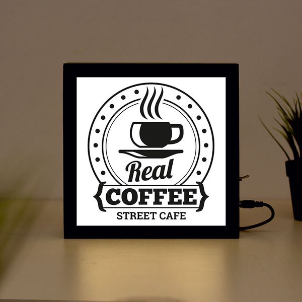 

real coffee handcrafted wooden light box sign for home, restaurant, coffee shop business signage