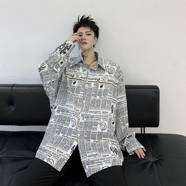 

male streetwear hip hop vintage fashion shirt men newspaper print casual loose long sleeve shirt, White;black