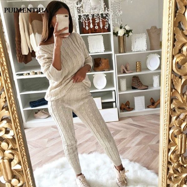 

puimentiua sweater set new women fashion autumn solid color sweater 2 piece set casual knitted tracksuit jumpsuit 2019, White