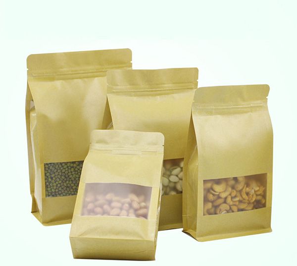 Sacchetti di imballaggio in carta Kraft con finestra trasparente per alimenti secchi, frutta, tè, snack, biscotti, sacchetto con chiusura a zip, sacchetto per alimenti, frutta secca, caramelle