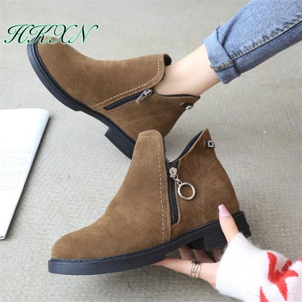 

hkxn 2019 women boots autumn winter fashion round toe comfortable ladies ankle boots heels shoes woman suede leather, Black