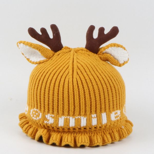 

new style christmas cartoon deer thicken knitted hat baby designer cap for winter keep warm cute toddle hat new year gift newborn 0-7months, Yellow