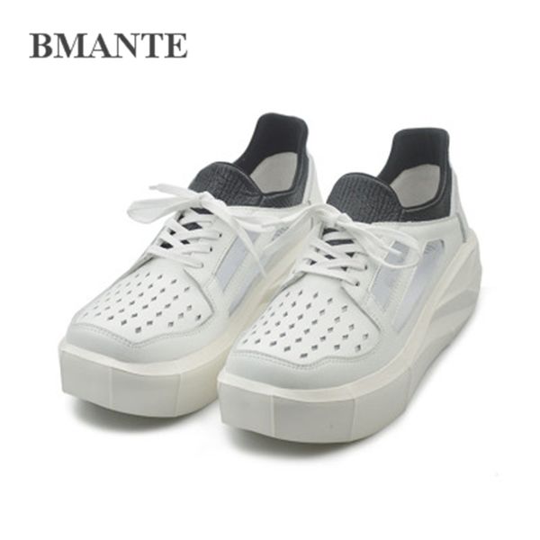 

bmante genuine leather men shoes summer mesh hollow lace-up thick bottom sponge boat shoes trainers gothic owen male sneaker, Black