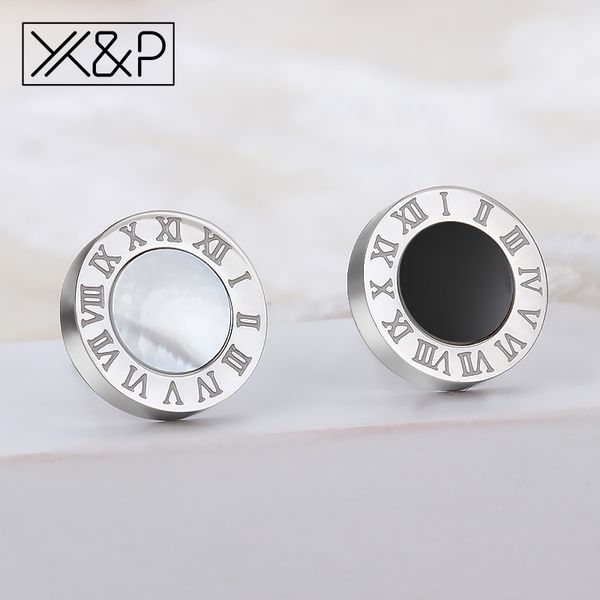 

x&p vintage korean anti-allergic round stainless steel stud earrings for women fashion roman digital style earring jewelry gift, Golden;silver