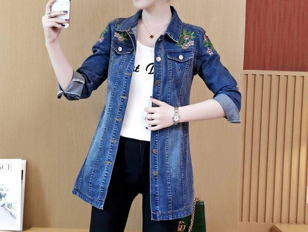 

women's jackets vintage floral embroidery denim jacket femme women outwear casacos feminino 2021 autumn casual basic long jeans coats, Black;brown