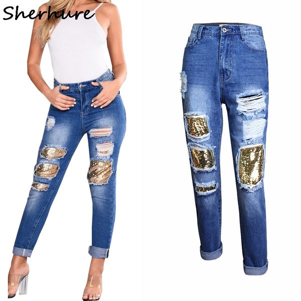 

2019 boyfriend jeans for women sequins hole ripped jenas for women high waist casual jeans feminino pantalon femme, Blue