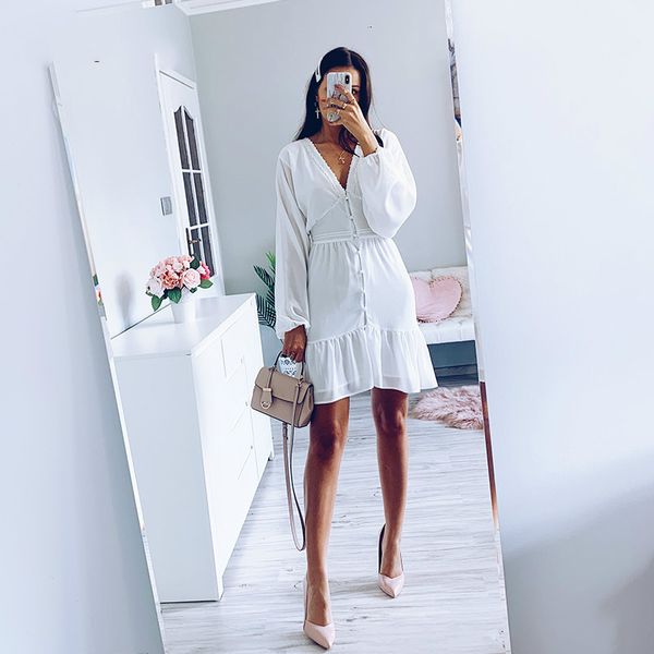 

AprilGrass Brand Designer Sexy Plunge V Neck Women's autumn Dress White Lace Long Sleeve Mini Party Dress Ruffle Elegant Clothing