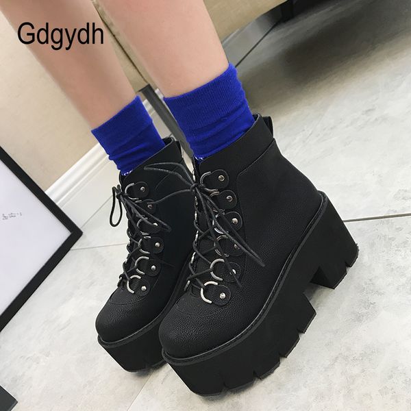 

gdgydh 2019 new ankle shoes women lacing motorcycle boots square heels casual shoes autumn platform heels leather short boots, Black