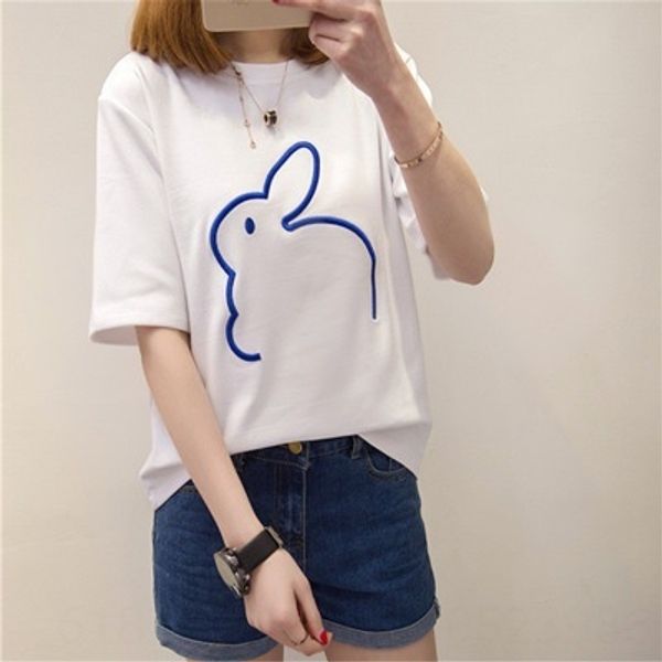 

large size women's cartoon women's base shirt embroidery embroidery t-shirt short sleeve women, White