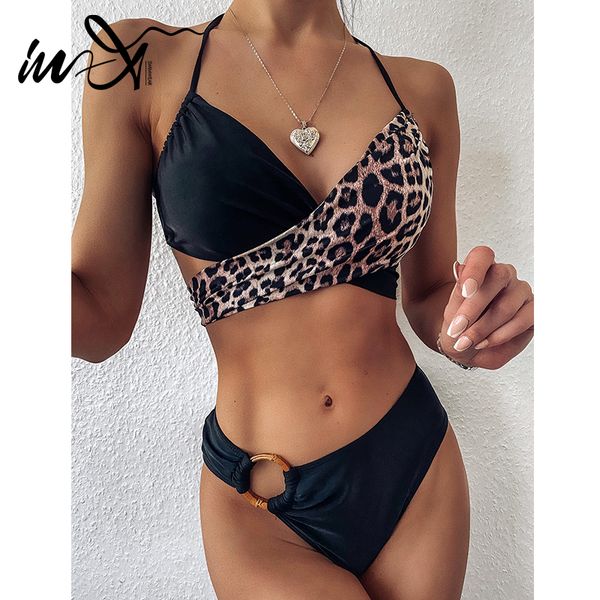 

in-x leopard print swimsuit female cross strap bikinis 2020 mujer patchwork swimsuit women swimwear halter bathing suit new