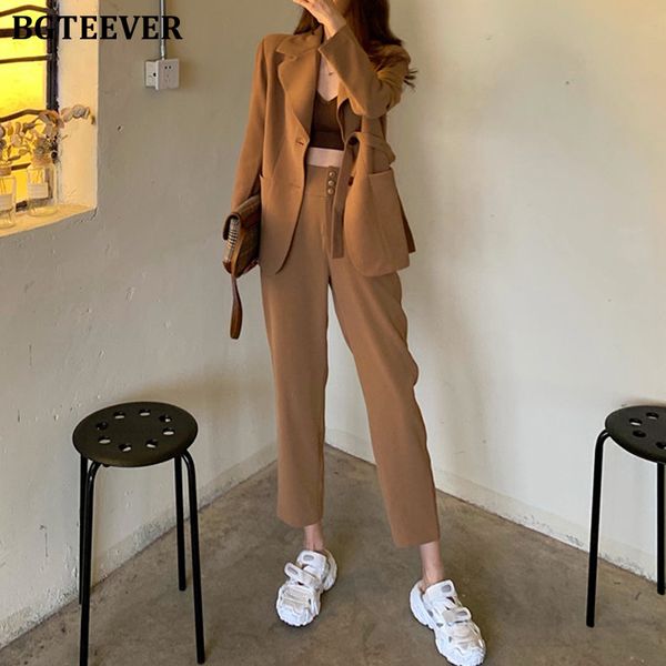 

bgteever fashion khaki women pant suits single-breasted blazer jacket & high waist pencil pants 2020 casual female 2 pieces set, White;black