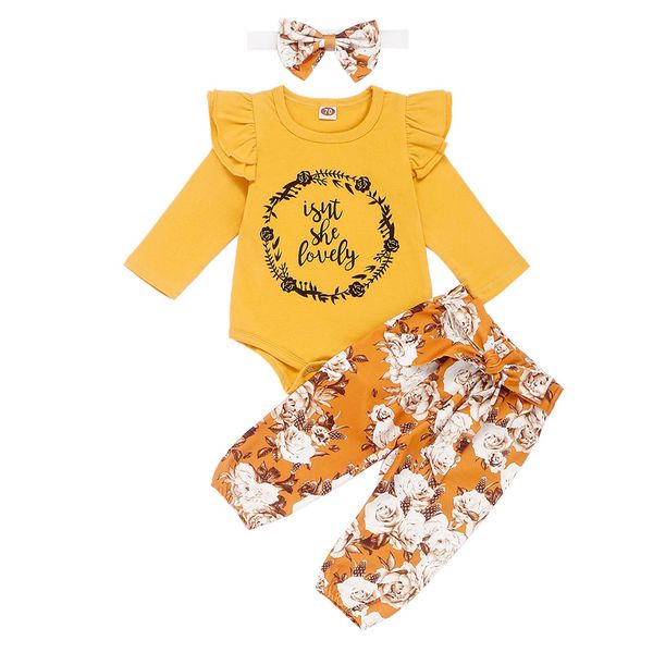 

baby girls printed sets infant girls cartoon letter kids casual clothes toddler casual little floral pants with headband hats 06, White