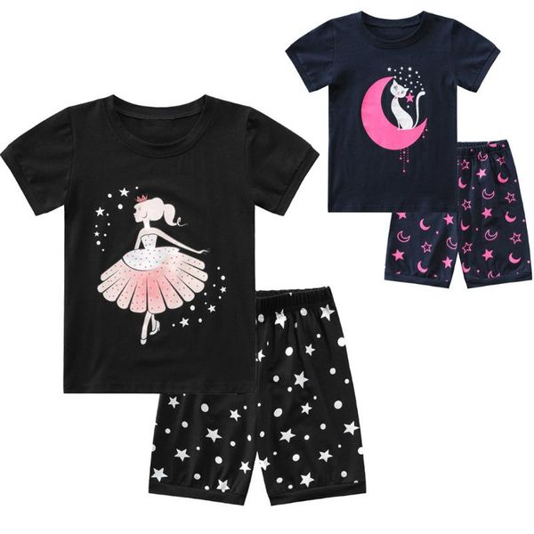 

toddler black kids baby girls short sleeve cartoon snug-fit pajamas outfits summer clothes girls clothes kids w10, White